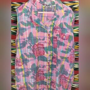 KZK Vintage 1993 Floral Pink Sleeveless Button Down Shirt 100% Cotton